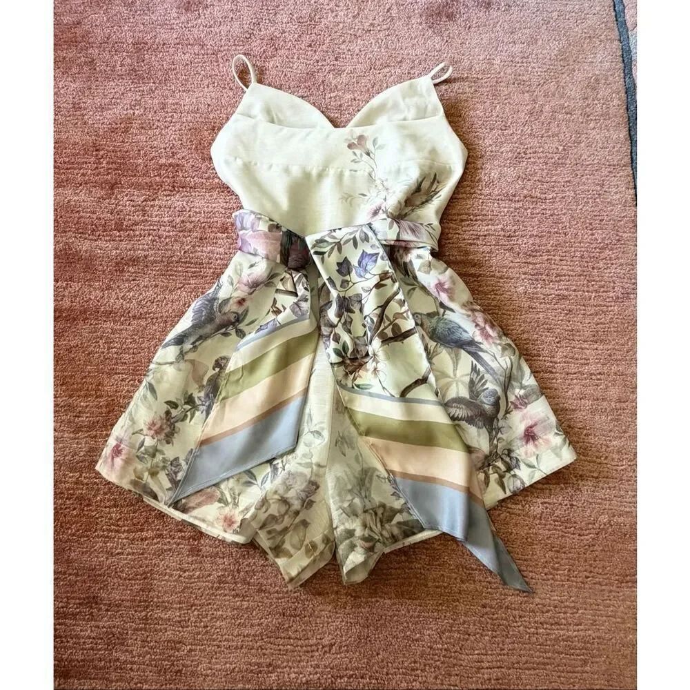 Luxury Inspired Bird Floral Romper Size M Pale Yellow NWT